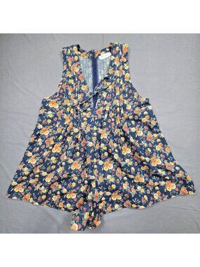Vintage Impressions Large Floral Sleeveless Denim Romper Boho Plunging Neckline